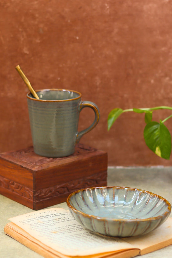 Set of 2 - Olive Coffee Mug & Green Blossom Bowl combo made by ceramic