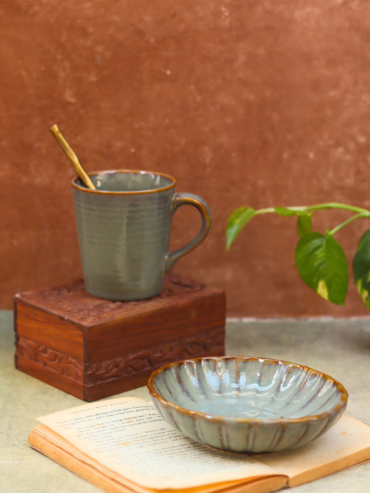 Set of 2 - Olive Coffee Mug & Green Blossom Bowl combo made by ceramic