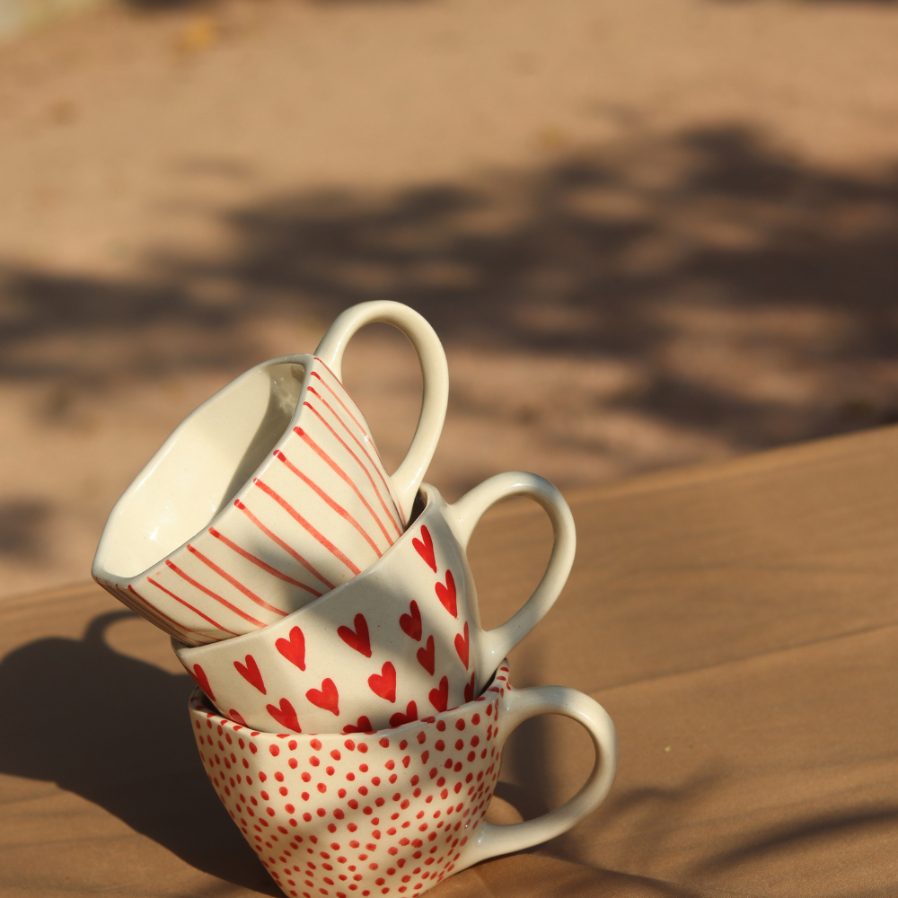 red polka, lined & heart mugs made by ceramic 