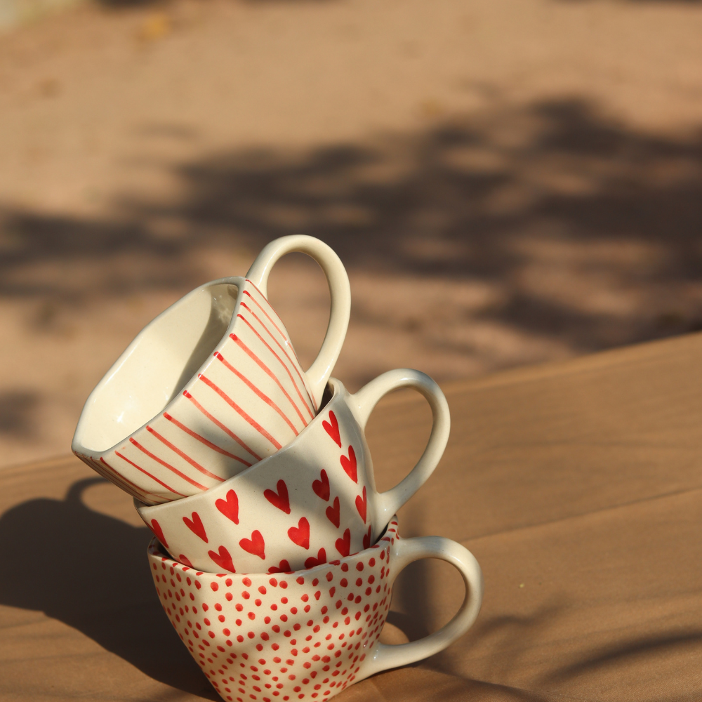 Red Polka, Lined and Heart Mug - Set of three made by ceramic