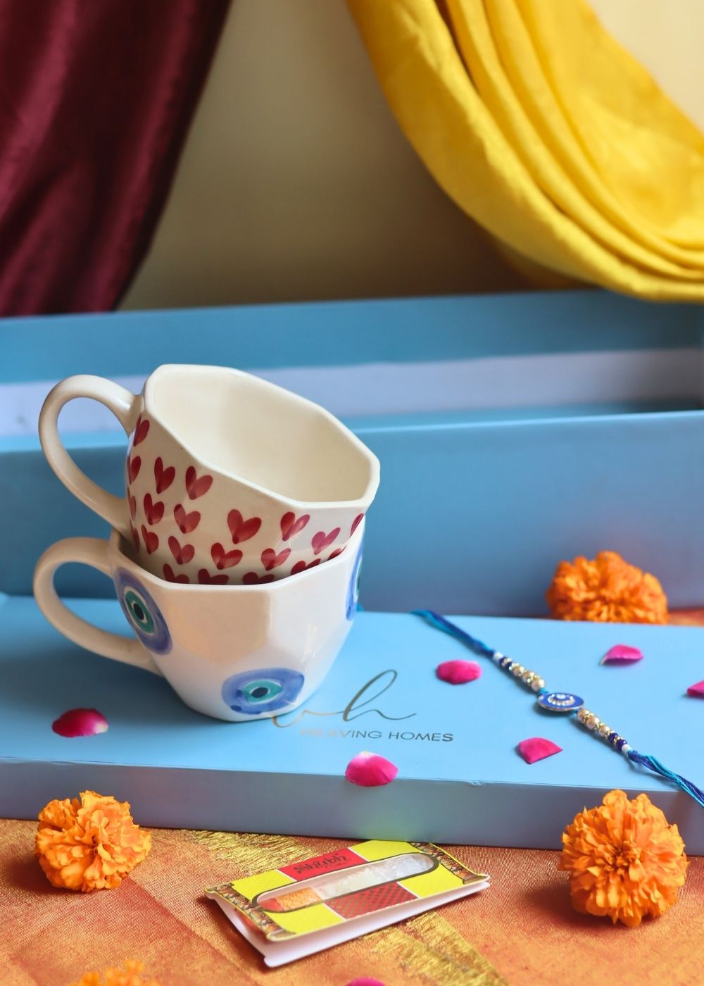 Heart & Evil Eye Mug Set Rakhi Gift Box made by ceramic