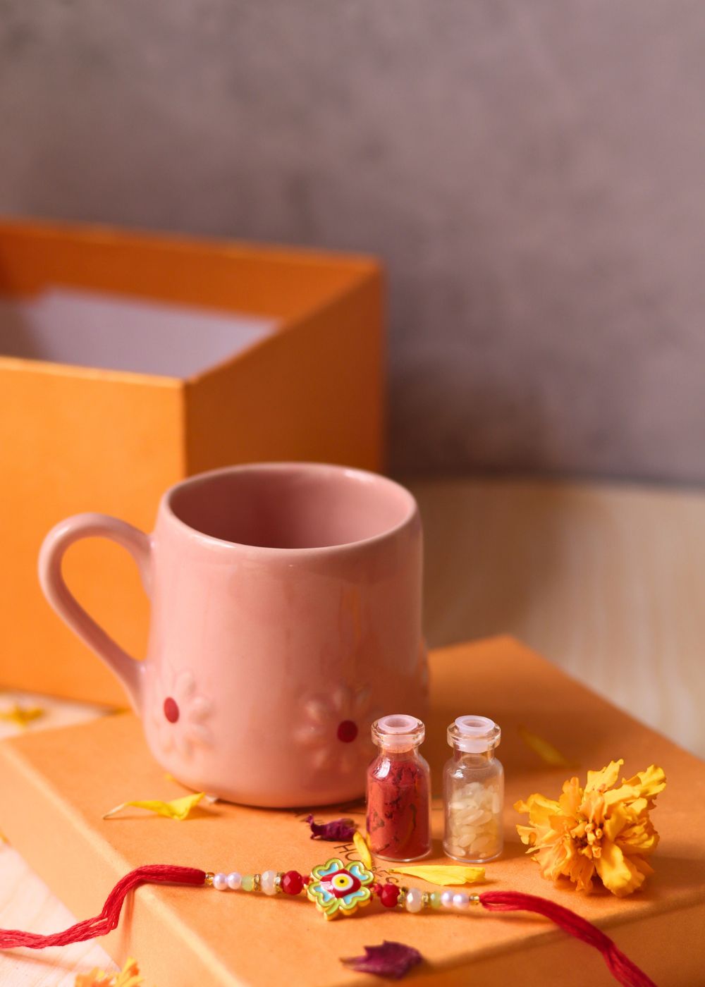 handmade pink lily mug rakhi gift box