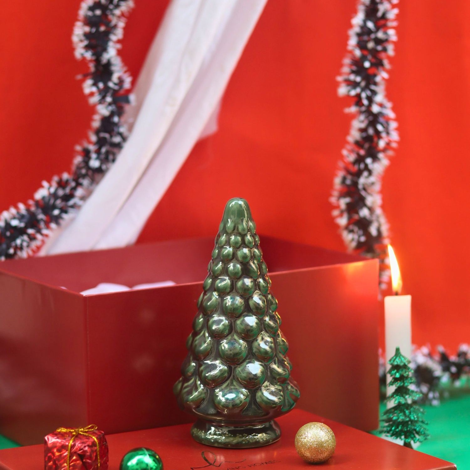 Green Pine Christmas tree in a Gift Box made by ceramic