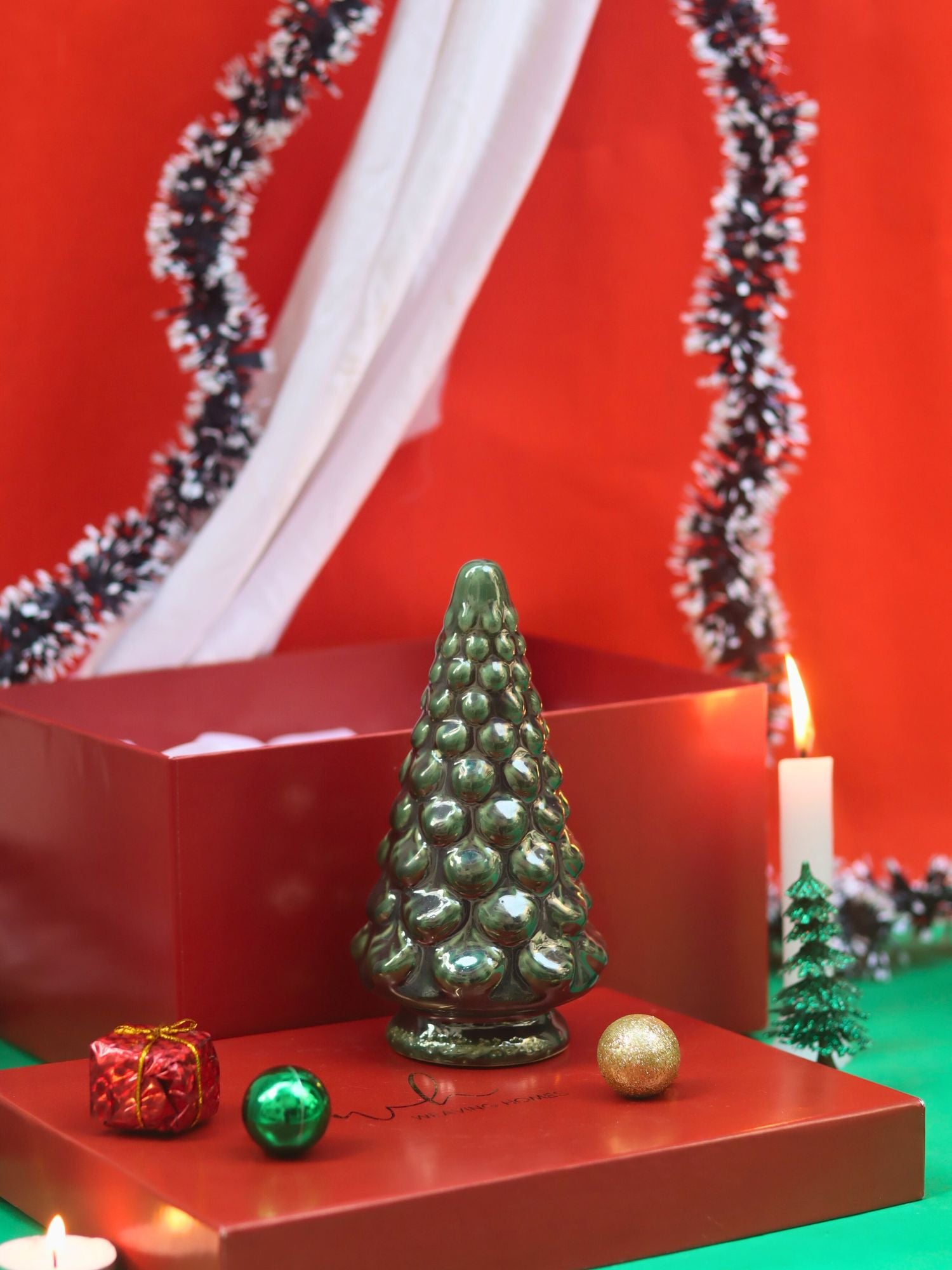 Green Pine Christmas tree in a Gift Box made by ceramic