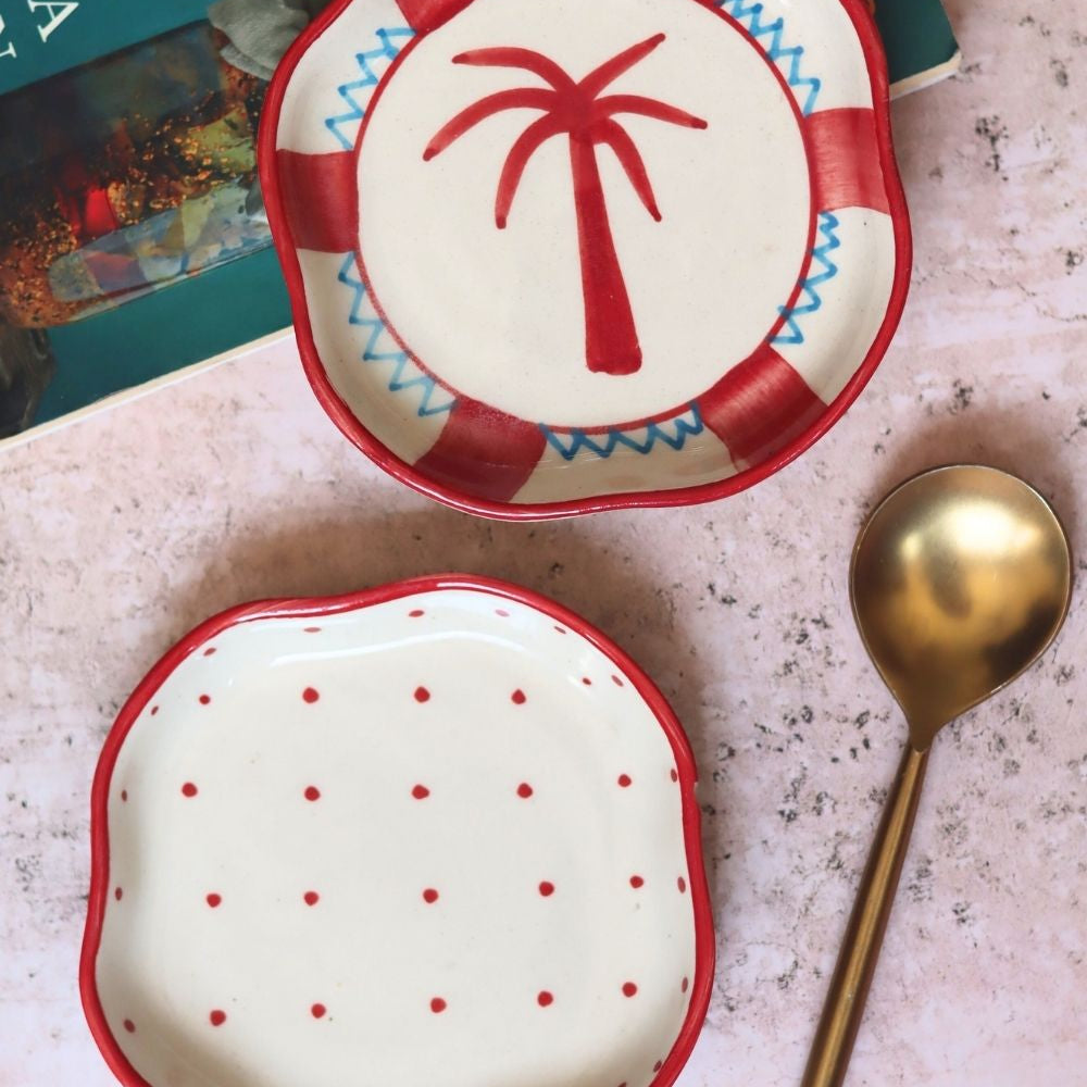 Palm & Red Polka Handmade dessert plate made by ceramic