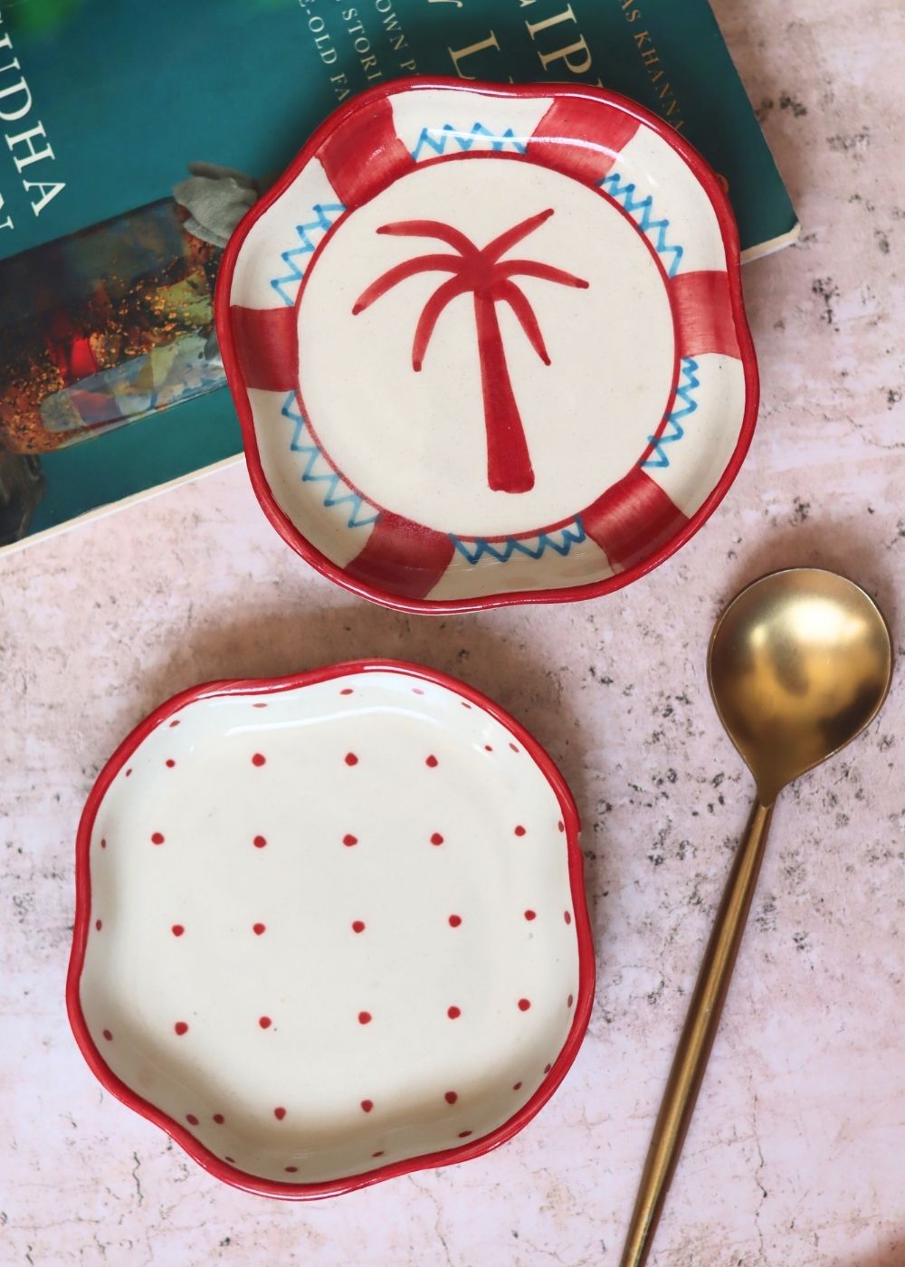 Palm & Red Polka Handmade dessert plate made by ceramic