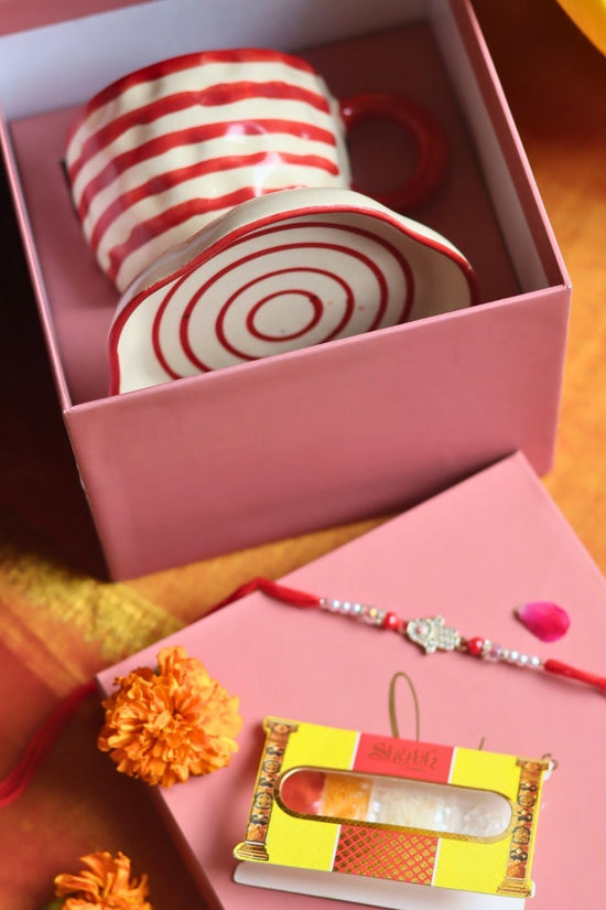 Red Lined Mug & handmade Dessert Plate Rakhi Gift Box made by ceramic