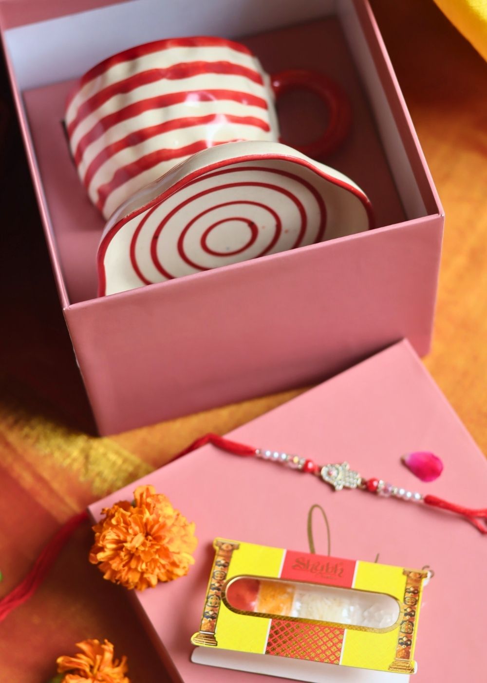 Red Lined Mug & handmade Dessert Plate Rakhi Gift Box made by ceramic