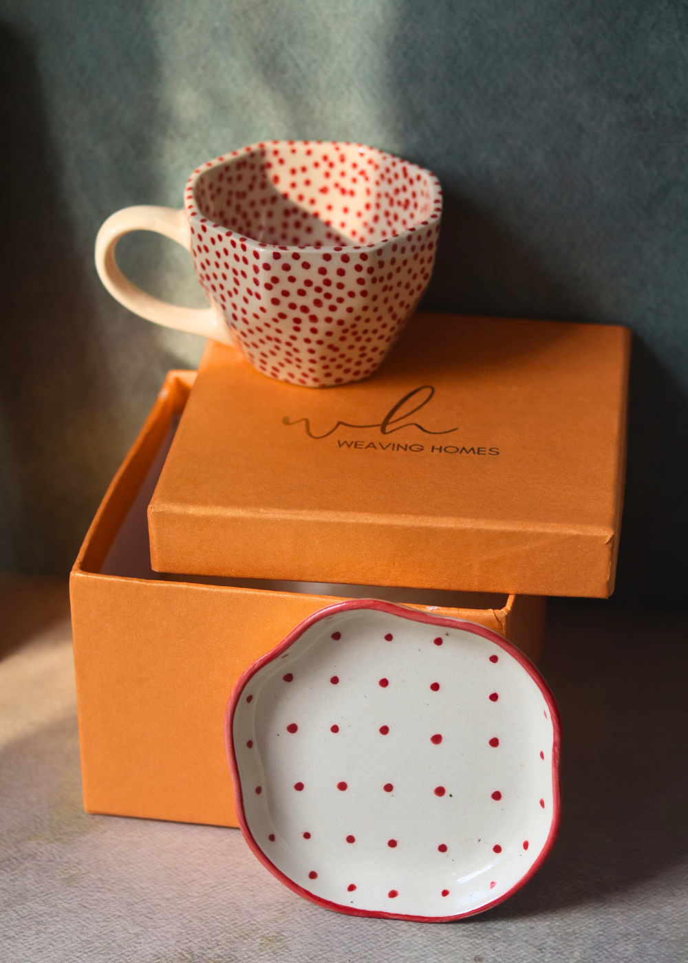 Handmade red polka coffee mug & plate with gift box