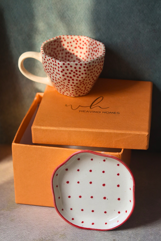Handmade red polka coffee mug & plate with gift box