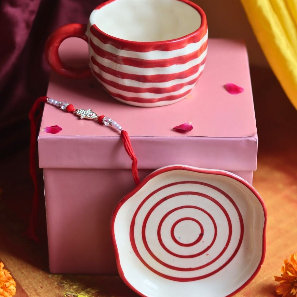 Red Lined Mug & handmade Dessert Plate Rakhi Gift Box with premium quality material