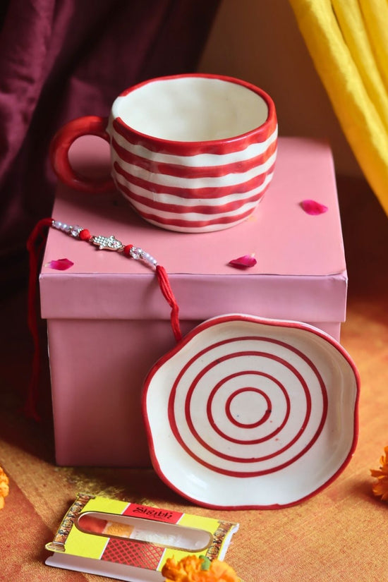 Red Lined Mug & handmade Dessert Plate Rakhi Gift Box with premium quality material