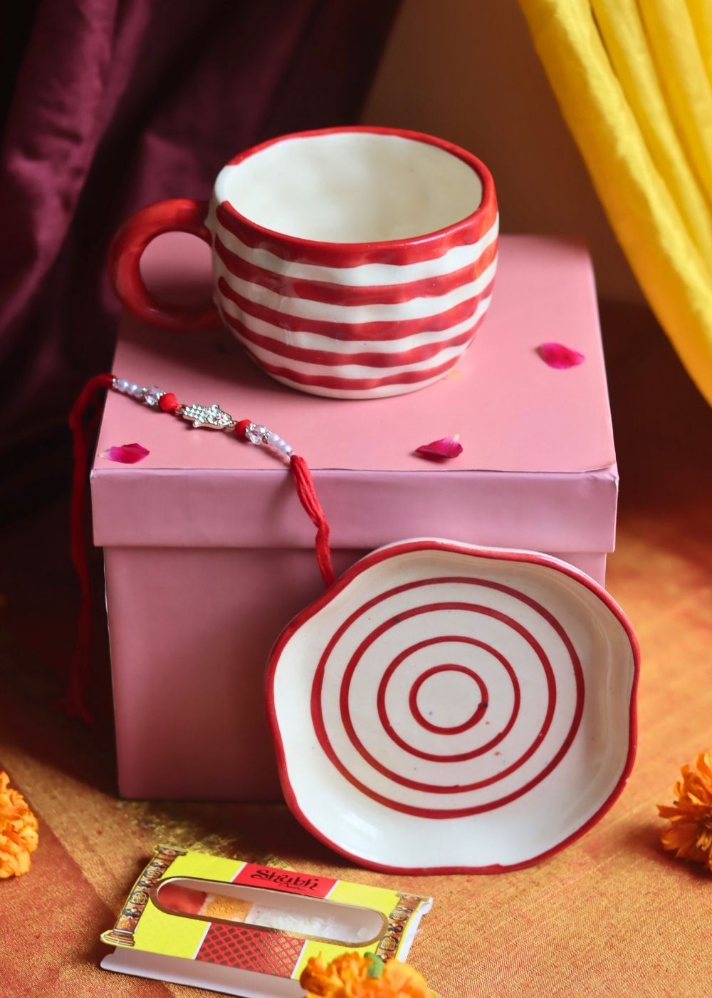 Red Lined Mug & handmade Dessert Plate Rakhi Gift Box with premium quality material