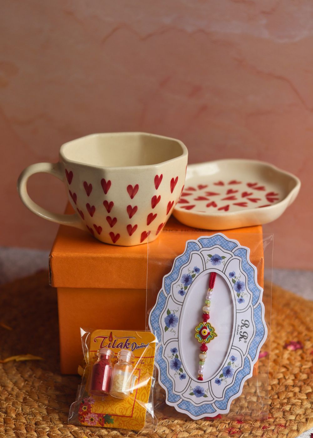 Heart mug & All Heart Dessert plate rakhi Gift Box Made By ceramic