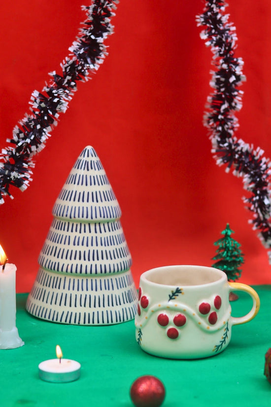 handmade Set of 2 - Cherry mug & Blue Lined Christmas tree combo
