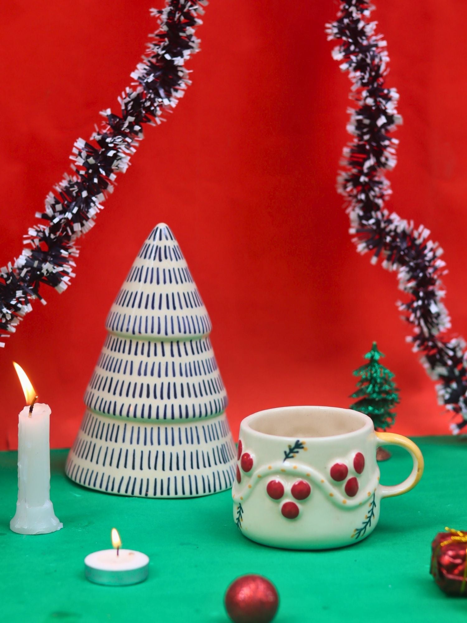 handmade Set of 2 - Cherry mug & Blue Lined Christmas tree combo