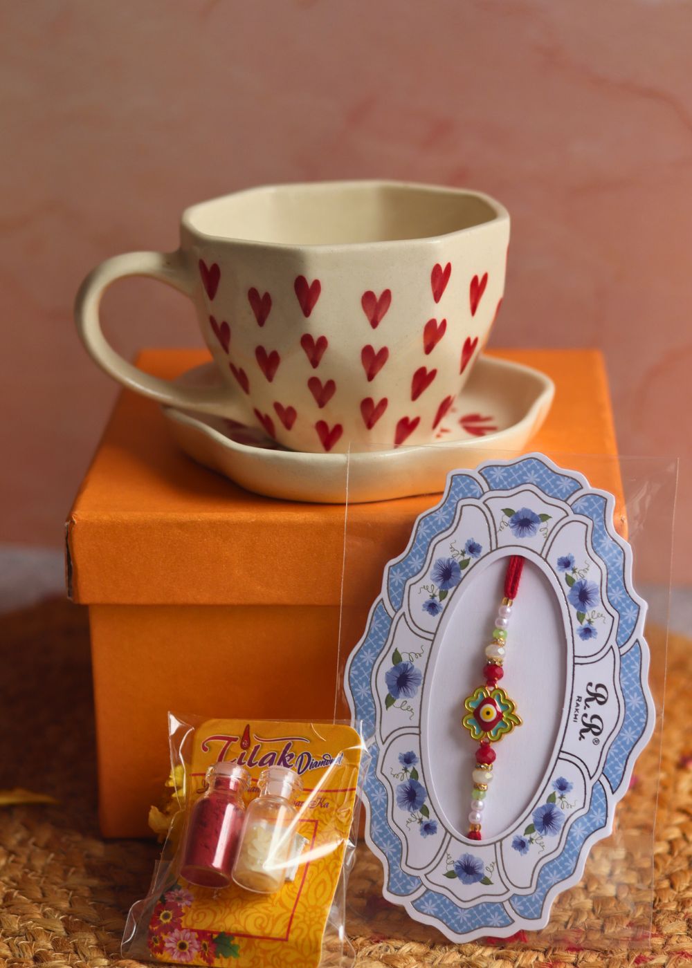 Heart mug & All Heart Dessert plate rakhi Gift Box handmade in india 