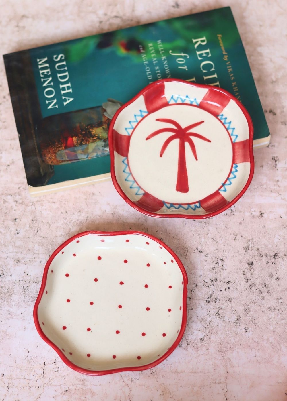 Palm & Red Polka Handmade dessert plate handmade in India