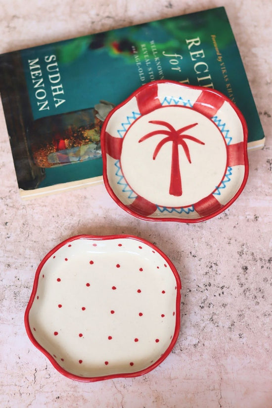 Palm & Red Polka Handmade dessert plate handmade in India
