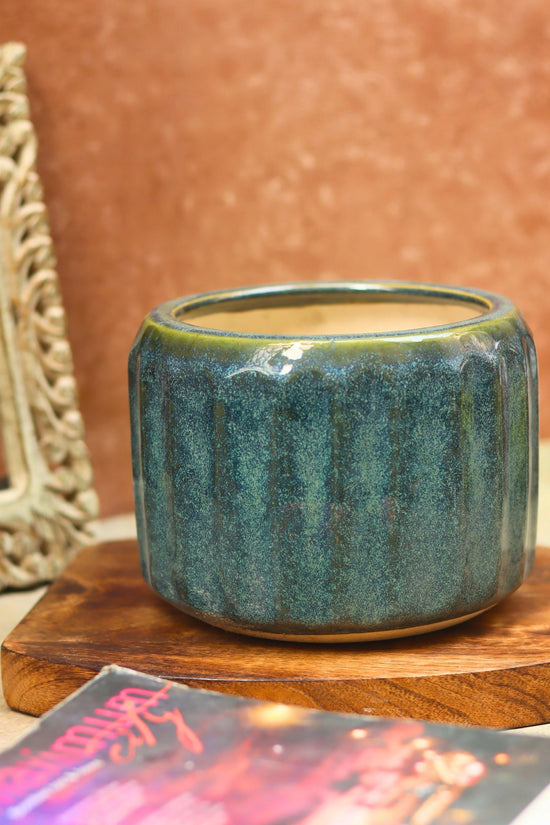 Ribbed Green Planter - Large handmade in India