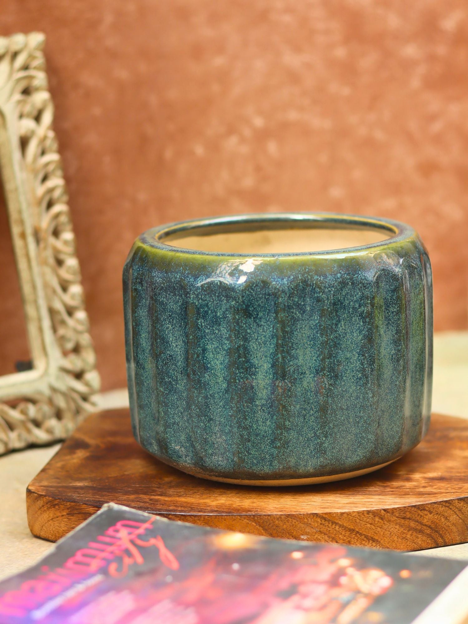 Ribbed Green Planter - Large handmade in India