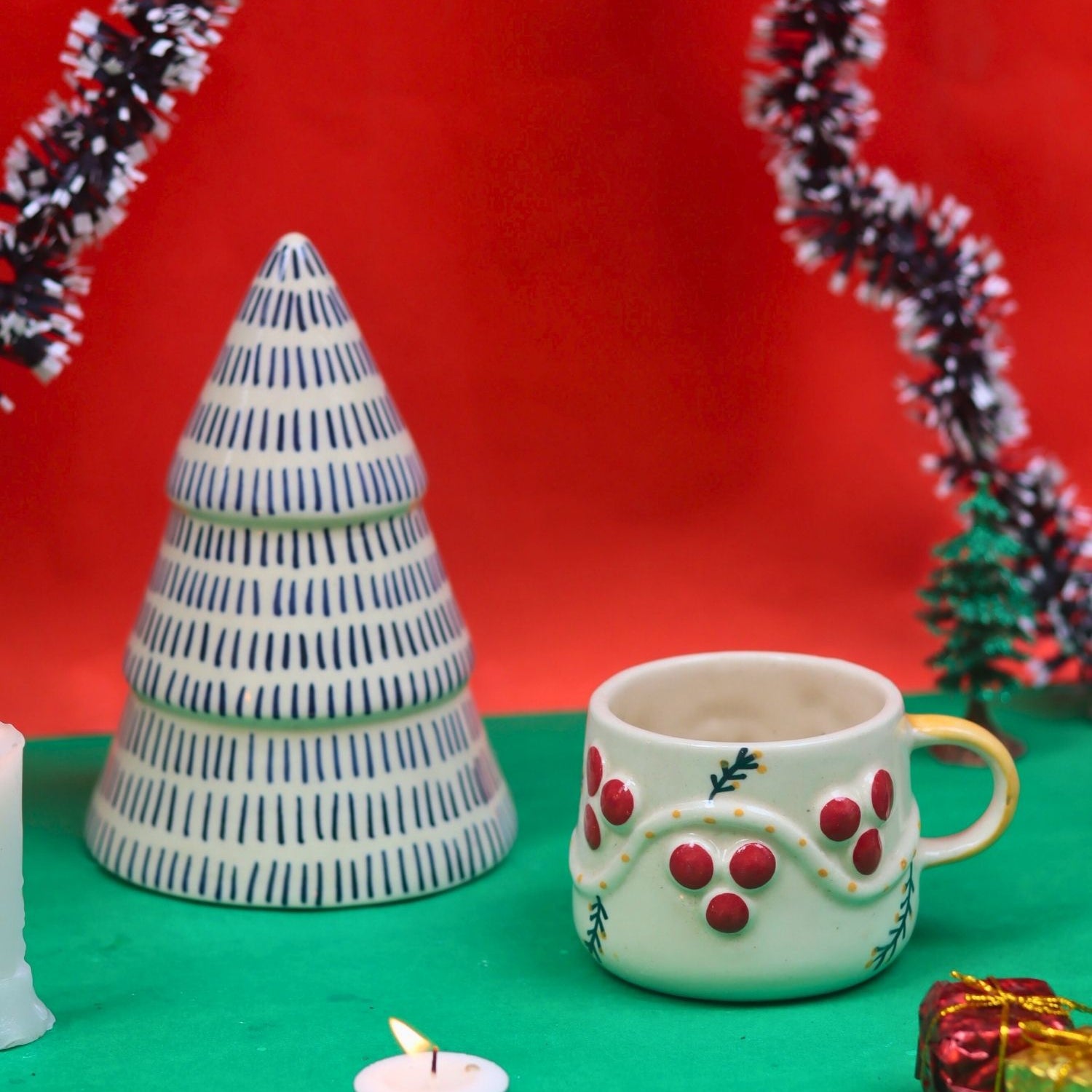 Set of 2 - Cherry mug & Blue Lined Christmas tree combo made by ceramic