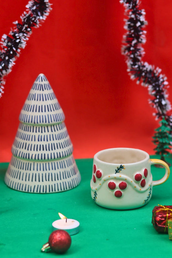 Set of 2 - Cherry mug & Blue Lined Christmas tree combo made by ceramic