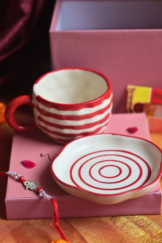 Red Lined Mug & handmade Dessert Plate Rakhi Gift Box handmade in India