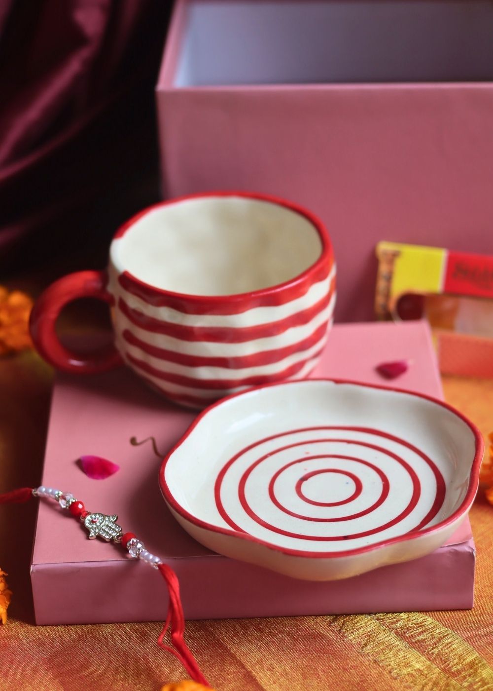 Red Lined Mug & handmade Dessert Plate Rakhi Gift Box handmade in India