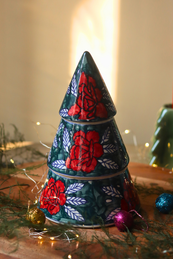 Handmade ceramic green & red flowers christmas tree 