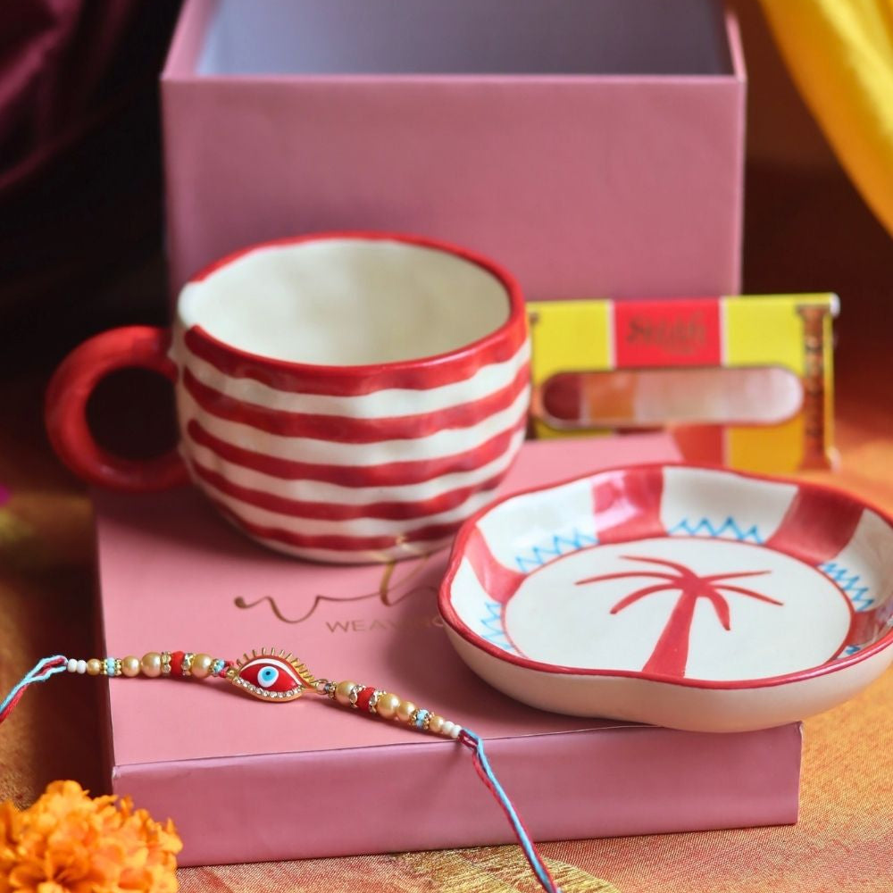 Handmade Red Lined Mug & Palm handmade Dessert Plate Rakhi Gift Box