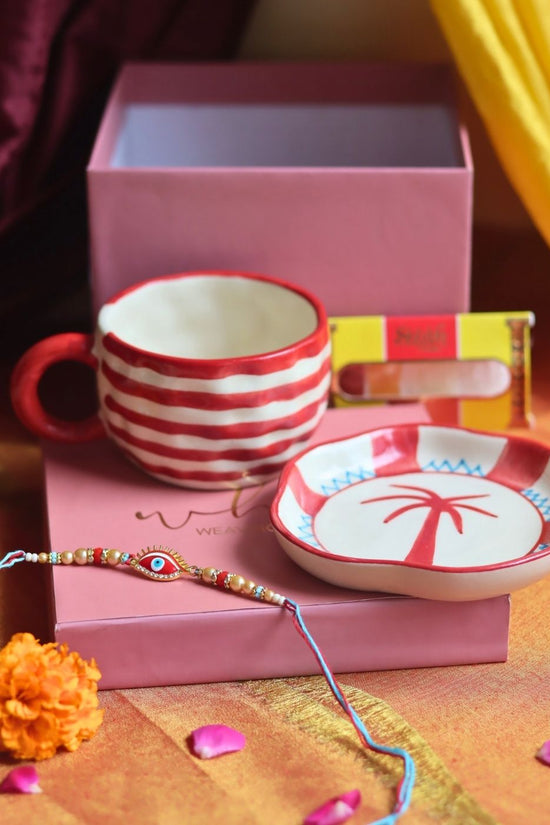 Handmade Red Lined Mug & Palm handmade Dessert Plate Rakhi Gift Box
