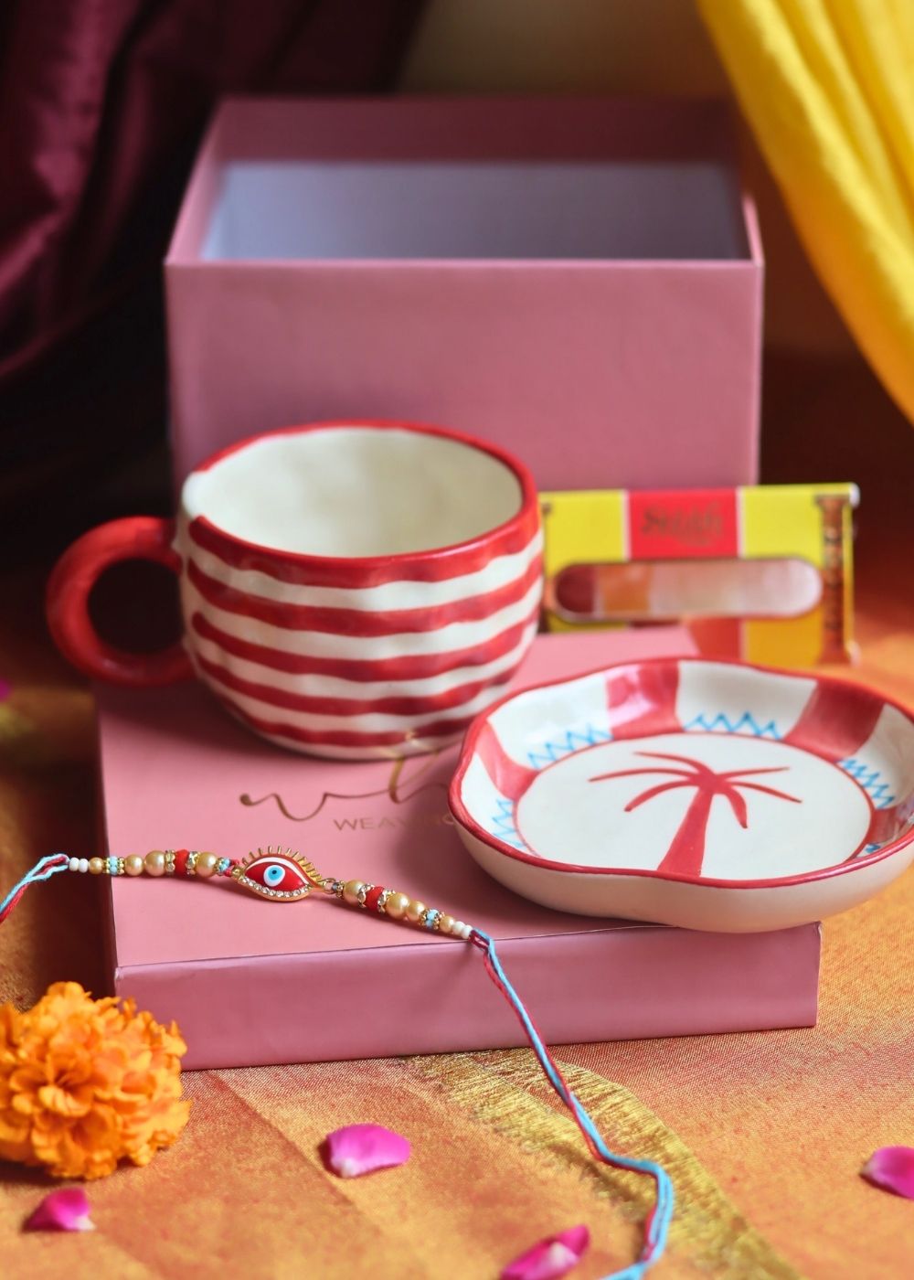 Handmade Red Lined Mug & Palm handmade Dessert Plate Rakhi Gift Box