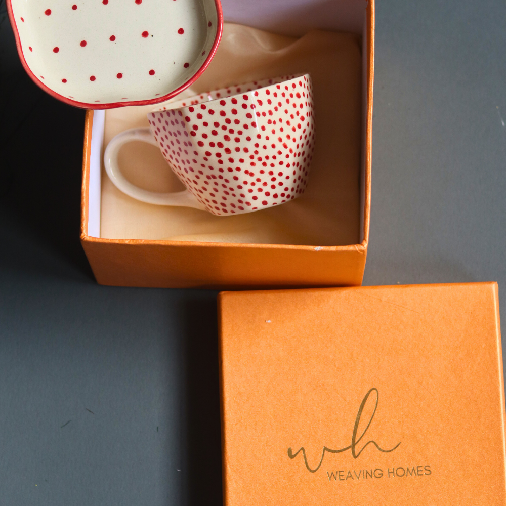 Red polka coffee mug & dessert plate in gift box