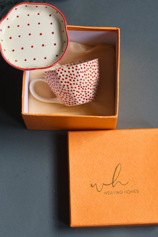 Red polka coffee mug & dessert plate in gift box