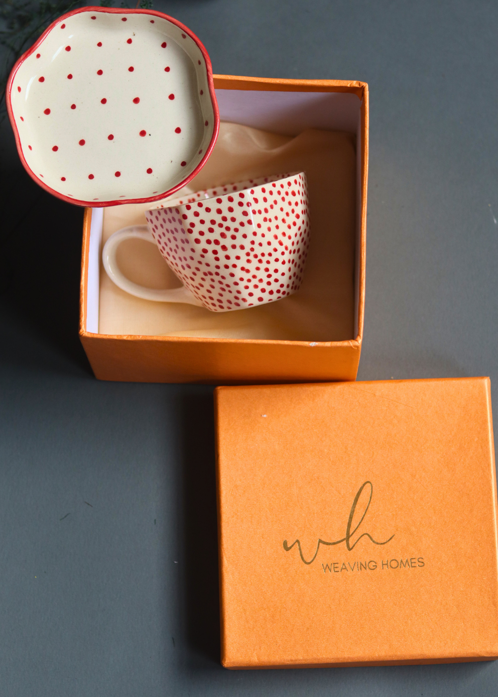 Red polka coffee mug & dessert plate in gift box