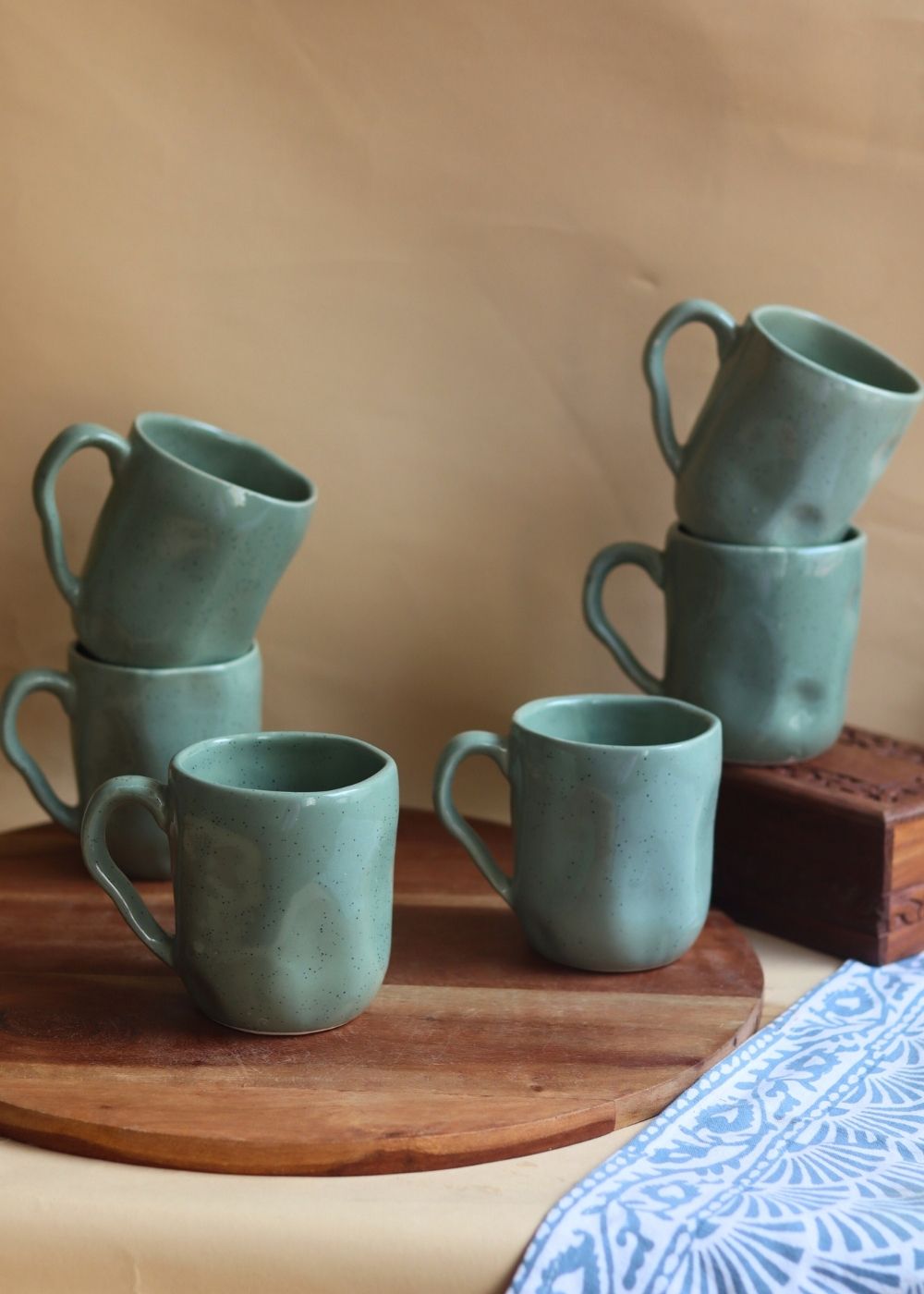 Handmade Green Wavy Mug  - Set of 6