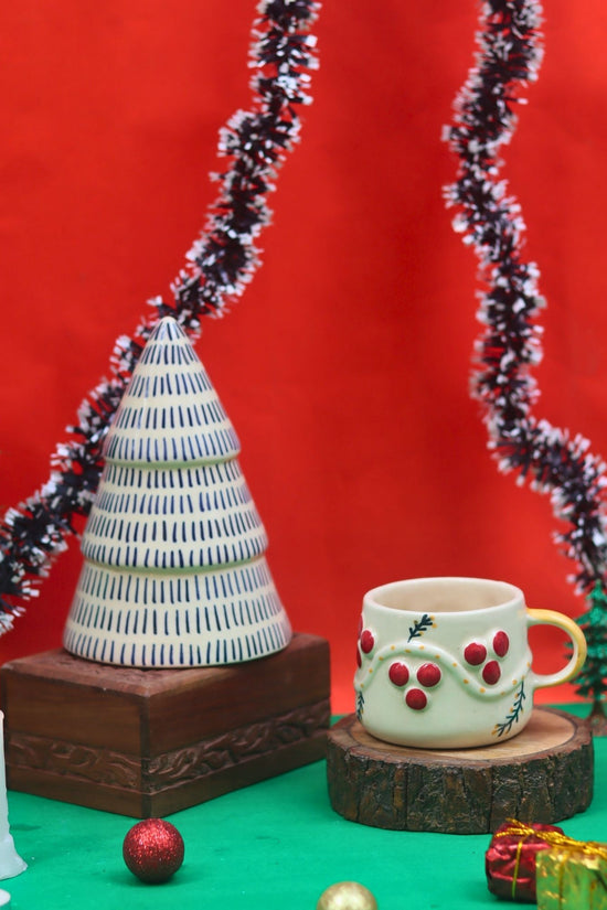 Set of 2 - Cherry mug & Blue Lined Christmas tree combo handmade in India