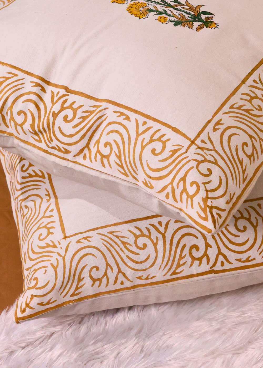 White and mustard border cushion cover