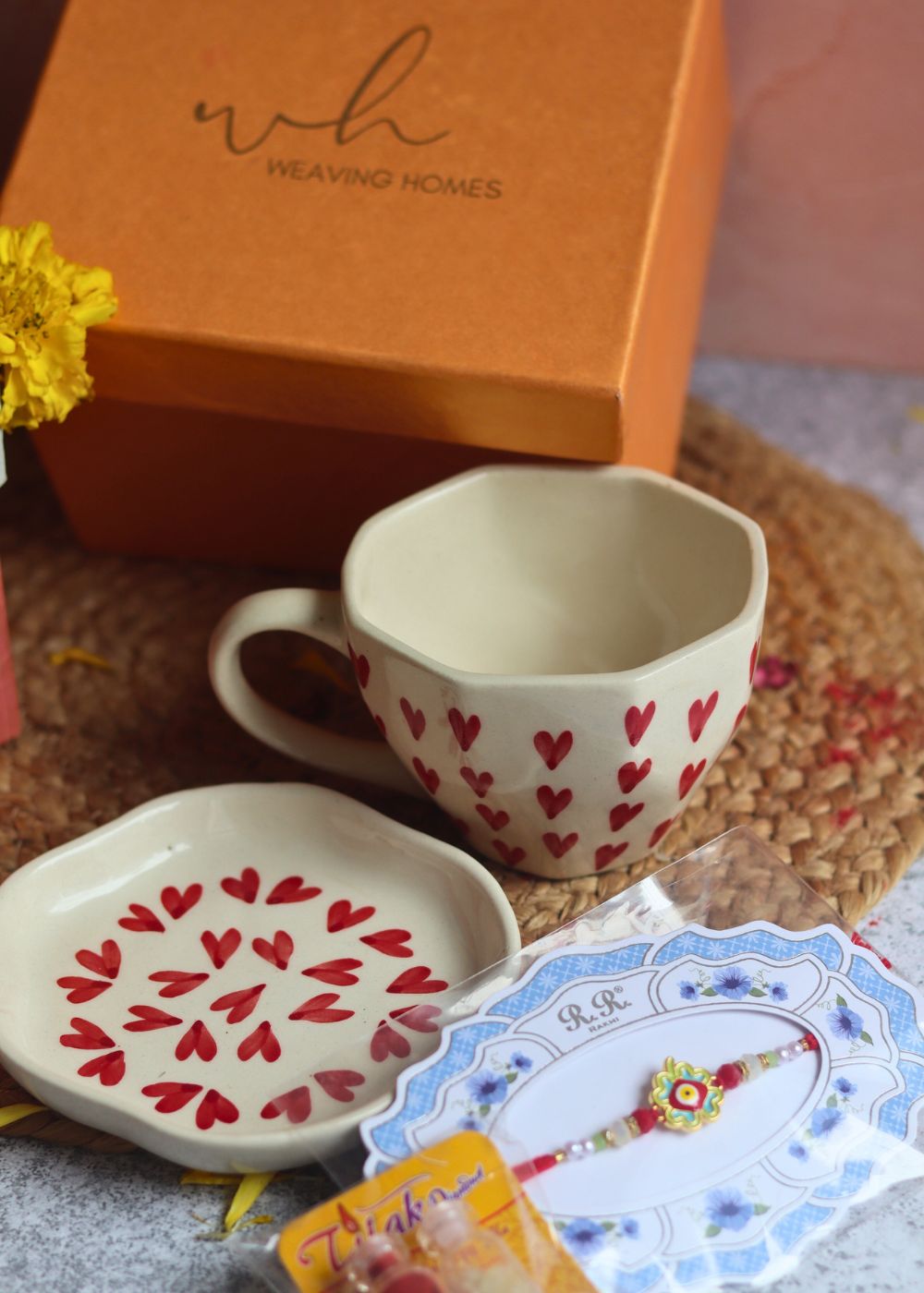 Heart mug & All Heart Dessert plate rakhi  with  premium Gift Hamper