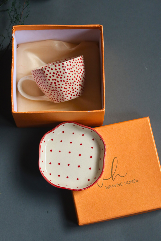 Red & white mug & dessert plate in a gift box