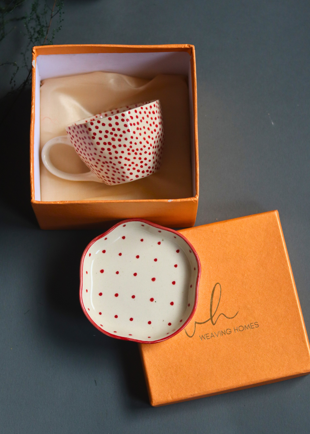 Red & white mug & dessert plate in a gift box