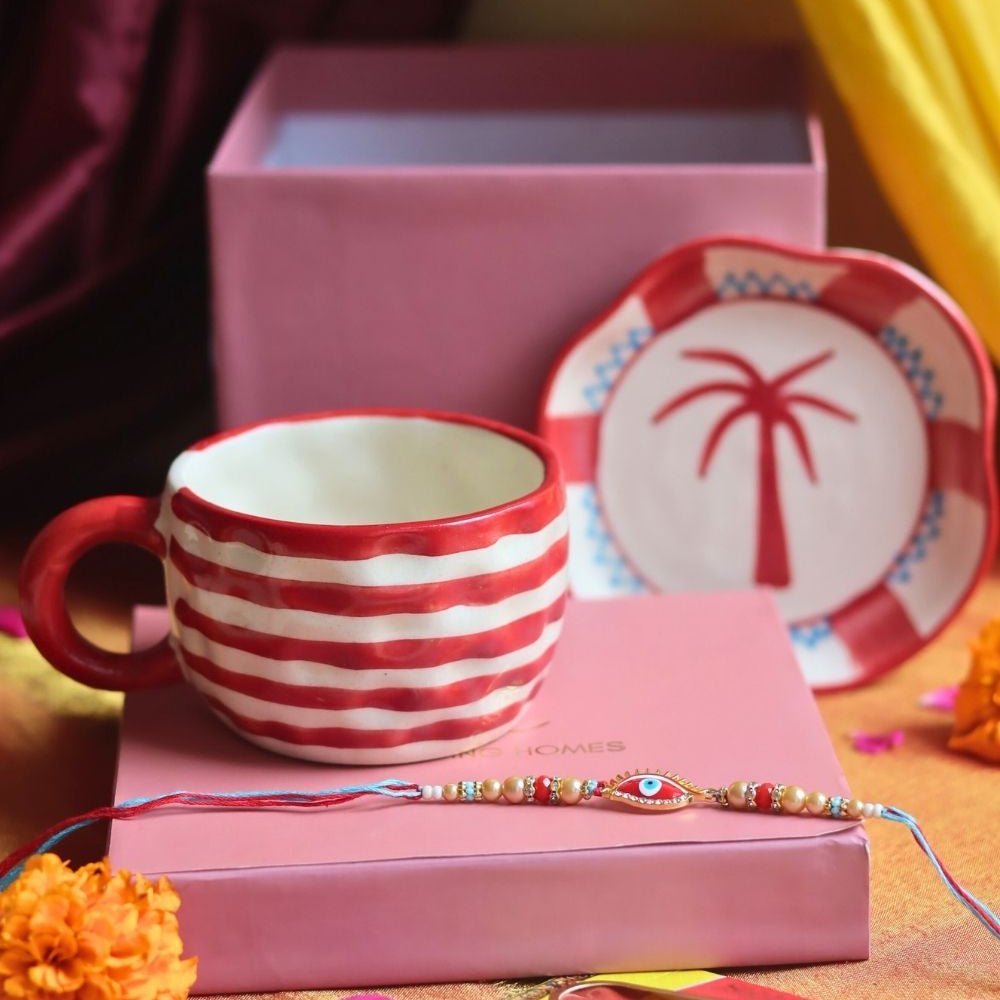 Red Lined Mug & Palm handmade Dessert Plate Rakhi Gift Box made by ceramic