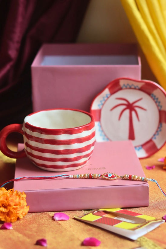 Red Lined Mug & Palm handmade Dessert Plate Rakhi Gift Box made by ceramic