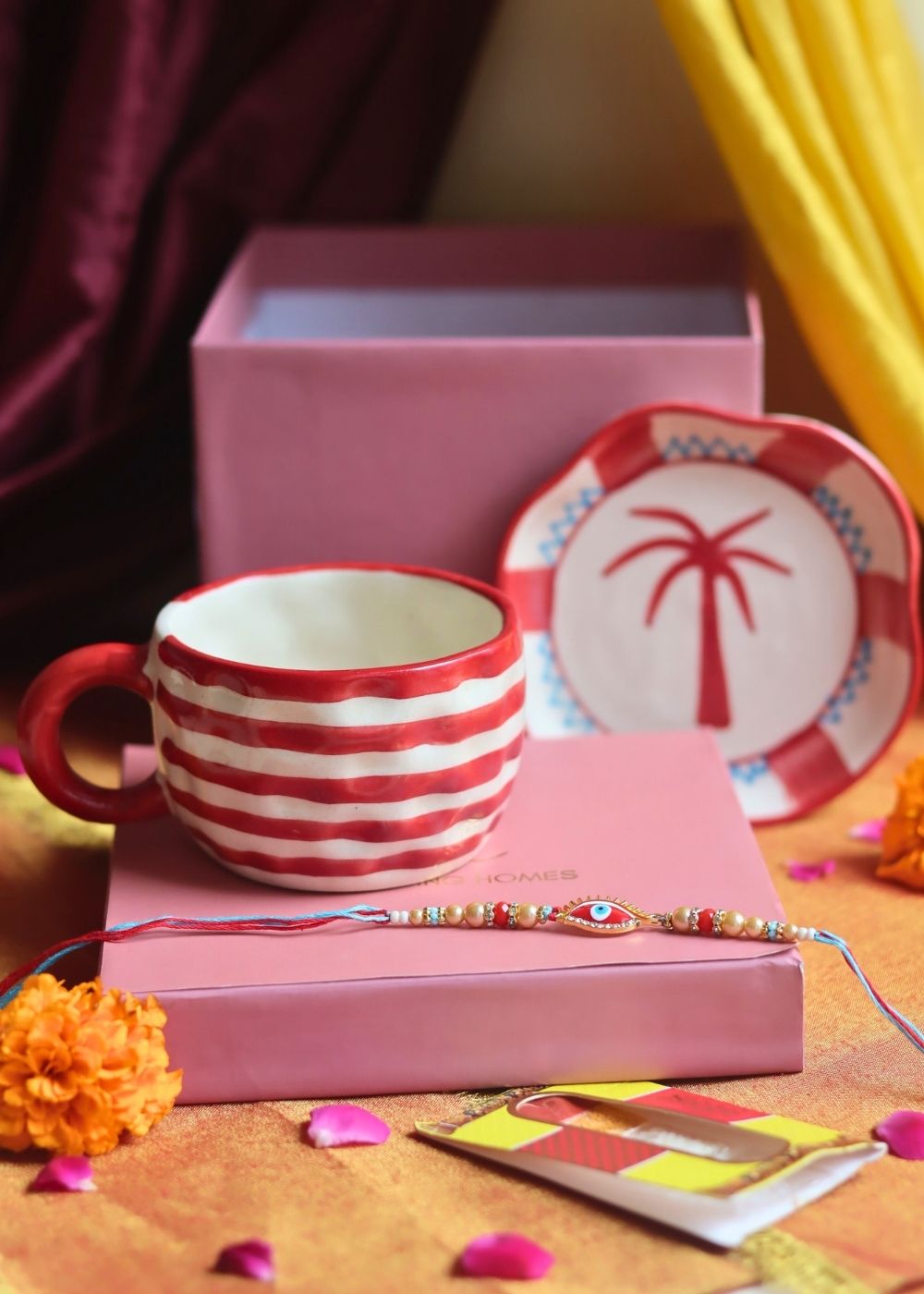 Red Lined Mug & Palm handmade Dessert Plate Rakhi Gift Box made by ceramic