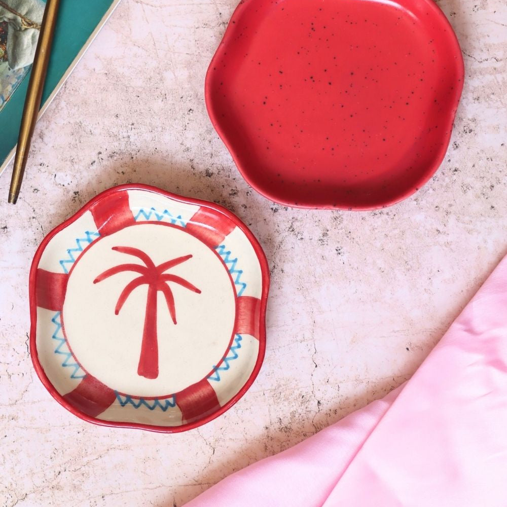 Palm & Red Handmade Dessert Plate made by ceramic