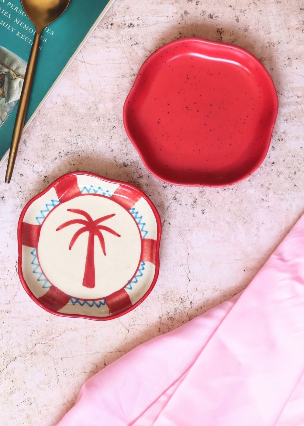 Palm & Red Handmade Dessert Plate made by ceramic