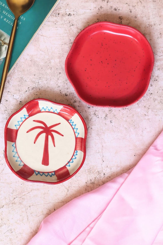 Palm & Red Handmade Dessert Plate made by ceramic