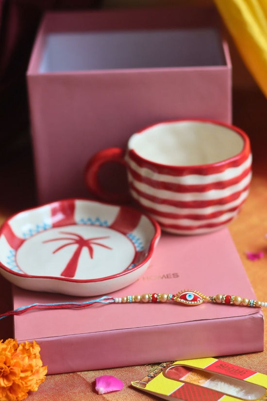 Red Lined Mug & Palm handmade Dessert Plate Rakhi Gift Box with premium quality material