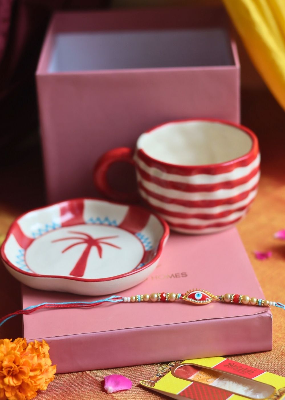 Red Lined Mug & Palm handmade Dessert Plate Rakhi Gift Box with premium quality material